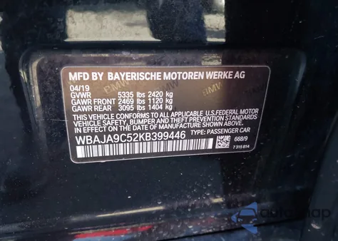 2019 BMW 530E Iperformance z USA, uszkodzony, nr VIN WBAJA9C52KB399446